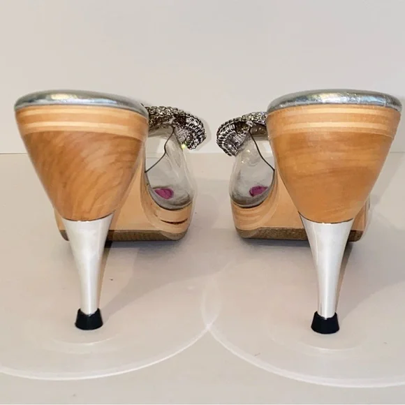 Vintage Betsey Johnson Polly Mules Rhinestone Bow Wood Heel Pin Up - Picture 6 of 14